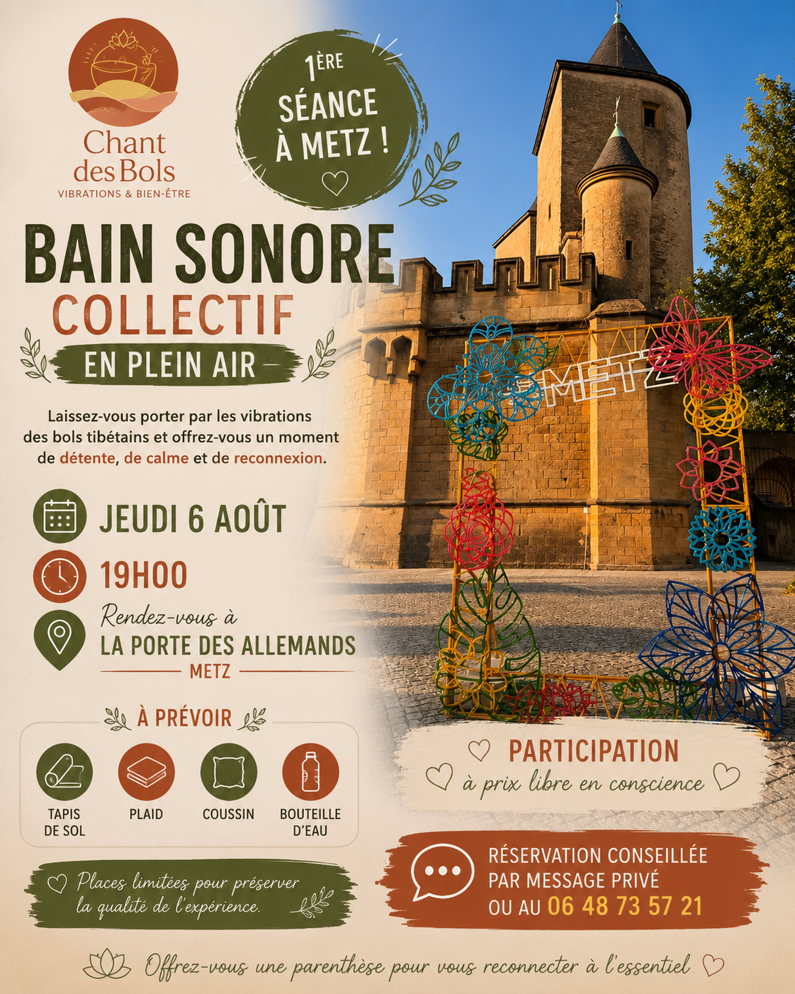 Affiche bain sonore collectif en plein air, Porte des Allemands, Metz, jeudi 6 août 19h